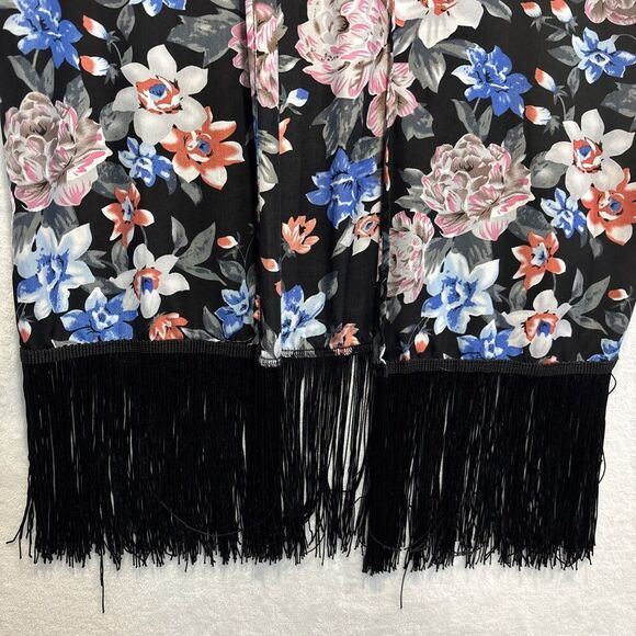 Carmen Women's Swimsuit Coverup Black Tropical Floral Fringe Open Front Kimono - Picture 6 of 12